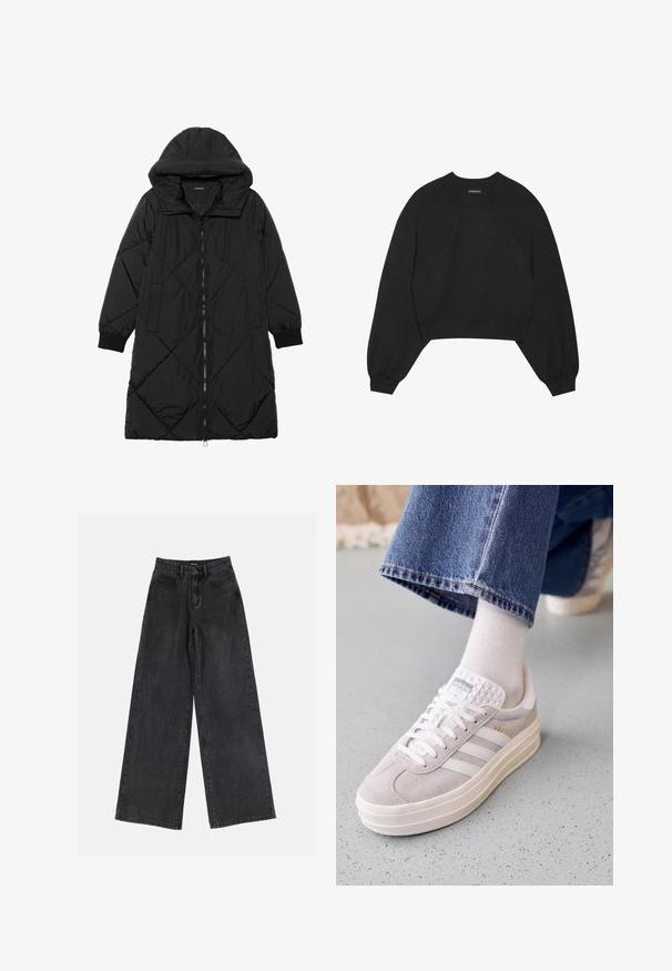 Must-havesinise mustris quiltitudis puffer jakk, millel on kapuuts, tõmblukk, küljetaskud ja elastsed varrukad. Sile, veekindel kangas.; Must have mustriga mustar jope, mis on valmistatud pehmest kangast, pikad raglan varrukad, ümmargune kaelus ja elastsed mansetid. Erilisi mustreid või riistvarasid pole.; Mustad kõrge vöökoht ja laiad jäänud teksad, klassikaline viie tasku disain ja kerge kulumine. Vastupidav kangas, millel on sile tekstuur.; Valged ja heledad hallid Adidas Gazelle sneakerid nubukist pealaga, tekstuursed keel, kolm valget triipu ja paks, valge kummitald.