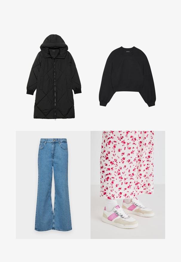 Fekete steppelt pufi kabát kapucnival, cipzáras záródással, oldalsó zsebekkel és elasztikus mandzsettákkal. Simább, vízlepergető anyag.; Fekete, rövidített pulóver puha anyagból, hosszú, raglán ujjakkal, kerek nyakkal és rugalmas mandzsettákkal. Nincsenek figyelemre méltó minták vagy fémdíszítések.; Világoskék, trapézszárú farmernadrág, magas derékkal, öt zsebbel és egy gombos záródással. Puha tapintású, magasított effektusú anyag.; Fehér és rózsaszín cipők szürke velúr részlettel, fényes fűzővel és rózsaszín oldalsó panellel, egy hosszú virágmintás plissé szoknyával párosítva.