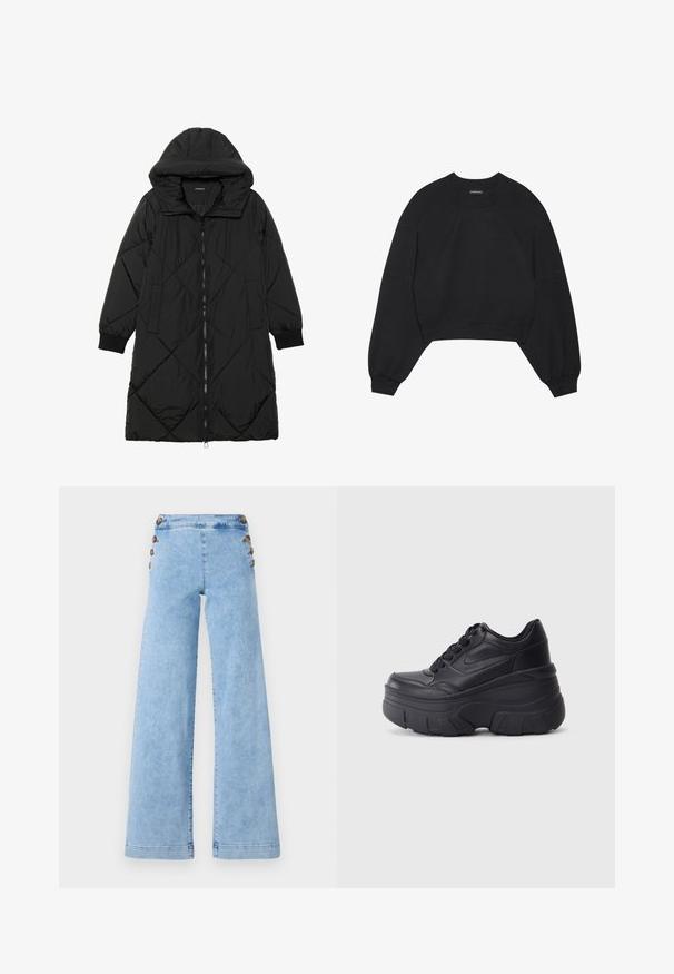 Črna prešita puffer jakna s kapuco, ki ima zadrgo, stranske žepe in elastične manšete. Gladek, vodoodporen material.; Črna skrajšana trenerka iz mehkega materiala, z dolgimi raglan rokavi, okroglim izrezom in elastičnimi manšetami. Brez opaznih vzorcev ali dodatkov.; Svetlo modri široki jeans z visokim pasom, ki imajo kovinske gumbe ob straneh in gladko, rahlo obrabljeno teksturo.; Črne vezalke čevlji s debelim podplatom, z gladkim usnjem na vrhu, okroglo konico in izrazitim plastastim oblikovanjem podplata.