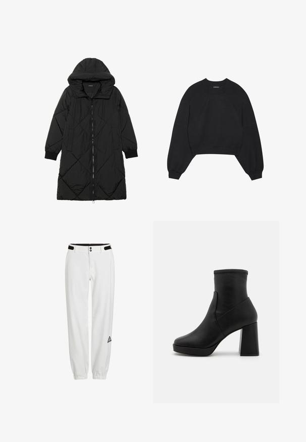 Melnas quiltētas pūkara mētelis ar kapuci, ar rāvējslēdzēja aizdari, sānu kabatām un elastīgām aprocēm. Gluda, ūdensizturīga auduma.; Melnas īsās apgrieztās sporta kreklas, kas izgatavots no maiga auduma, ar garām raglanu piedurknēm, apaļu kakla izgriezumu un elastīgām aprocēm. Nav ievērojamu rakstu vai detaļu.; Baltas bikses ar elastīgu jostu, ar diviem pogām un melniem Velcro akcentiem. Ietver mazus, trīsstūrveida logotipa uzlīmi sānos.; Melnas ādas potītes zābaki ar augstu bloku papēdi, gludu tekstūru un pieguļošu augšpusi. Satur bezšuvju dizainu bez redzamām aizdares detaļām.
