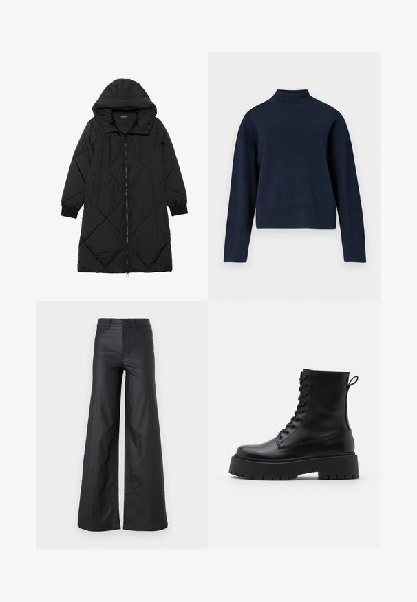 Black quilted puffer coat with a hood, featuring a zip closure, side pockets, and elastic cuffs. Smooth, water-resistant fabric.; Navy blue turtleneck sweater with a relaxed fit, long sleeves, and ribbed collar and hem; made of soft, textured knit material.; Black, wide-leg pants in a faux leather material. Features a high waist, belt loops, two front pockets, and stitched detailing.; Black leather ankle boots with a round toe, lace-up front, and a thick rubber sole featuring a textured tread. Pull tab at the back.