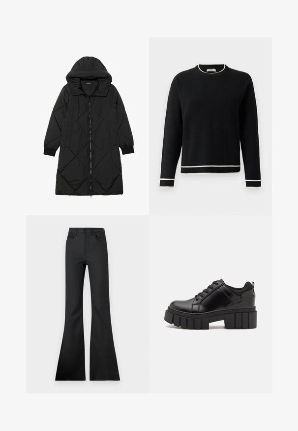 Juodas siūtais pūkų paltas su gobtuvu, turintis užtrauktuką, šonines kišenes ir elastines rankoves. Lygus, vandeniui atsparus audinys.; Juodas ilgomis rankovėmis megztinis su apvalia iškirpte, su balta apdaila ant kaklo, rankovių ir apatinės dalies, rodomas prieš paprastą baltą fono.; Juodos plačios džinsai su vidutinės talpos juosmeniu, pagaminti iš lygaus audinio. Yra penki kišenės ir matomi siuvimo akcentai.; Juodi odiniai platformos batai su masyviu blokuota kulniuku, apvalia nosimi ir tradiciniu šnypštimo dizainu. Turintys glotnų paviršių ir minimalų dekoravimą.