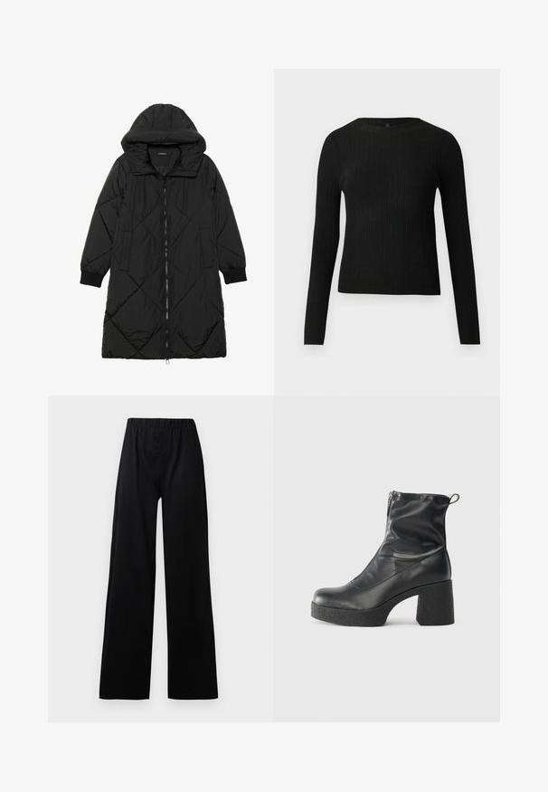 Black quilted puffer coat with a hood, featuring a zip closure, side pockets, and elastic cuffs. Smooth, water-resistant fabric.; Black ribbed long-sleeve fitted sweater with a round neckline, displayed against a plain light background.; Black wide-leg trousers with an elastic waistband; made of textured fabric, featuring a minimalistic design and straight-cut legs.; Black ankle boots made of smooth leather, featuring a side zipper, chunky textured heel, and rounded toe design.
