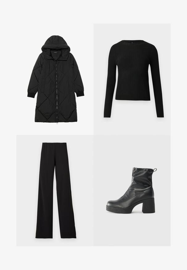Abrigo acolchado negro con capucha, que cuenta con cierre de cremallera, bolsillos laterales y puños elásticos. Fabricado con un tejido liso y resistente al agua.; Suéter negro de manga larga ajustado con estampado de canalé y cuello redondo, exhibido sobre un fondo claro y liso.; Pantalones de pierna ancha negros, hechos de una tela suave, con una cintura elástica y una textura lisa que ofrece un perfil limpio.; Botines negros de tobillo, hechos de cuero suave, con cierre lateral, tacón grueso texturizado y diseño de punta redondeada.