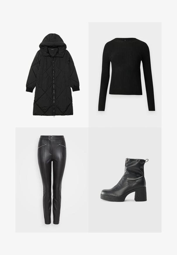Čierna prešívaná páperová bunda s kapucňou, so zipsom, bočnými vreckami a elastickými manžetami. Hladká, vodeodolná tkanina.; Čierny rebrovaný pulóver s dlhým rukávom, priliehajúci, s okrúhlym výstrihom, vystavený na jednoduchom svetlom pozadí.; Čierne kožené nohavice so slim fit strihom, s vertikálnymi švami, so zipsom na každej strane a zapínaním na gombík v páse.; Čierne členkové topánky z hladkej kože, so bočným zipsom, robustnou textúrovanou pätnou časťou a zaobleným dizajnom špičky.