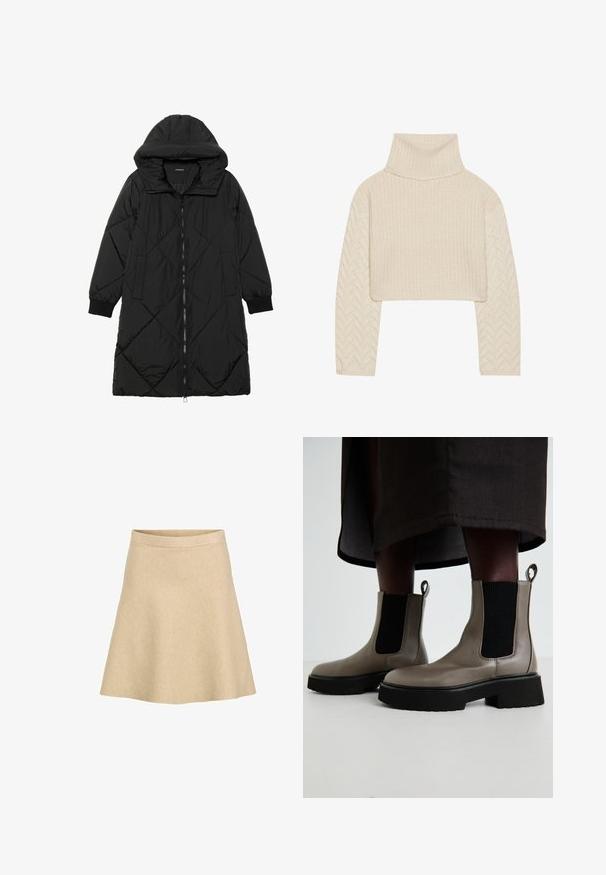 Manteau matelassé noir avec capuche, doté d'une fermeture éclair, de poches latérales et de poignets élastiques. Tissu lisse et résistant à l'eau.; Pull court couleur crème avec un col montant, un corps en tricot texturé et des manches à motif chevron. Fabriqué en matériau doux en fil.; Une jupe évasée beige en tissu texturé avec une taille haute et un ourlet lisse, conçue pour une silhouette simple et épurée.; Bottes chelsea grises en cuir texturé avec des panneaux latéraux élastiques et une semelle épaisse noire. Équipées de languettes pour un enfilage facile.