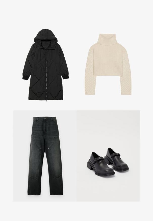 Cappotto imbottito nero trapuntato con cappuccio, caratterizzato da chiusura con zip, tasche laterali e polsini elastici. Tessuto liscio e resistente all'acqua.; Maglione cropped color crema con un alto collo, corpo in maglia testurizzata e maniche a motivo a spina di pesce. Realizzato in morbido materiale in filato.; Pantaloni in denim nero a gamba larga con vita alta, chiusura con bottoni, passanti per cintura, ampie tasche applicate frontali sovradimensionate con dettagli a rivetto.; Scarpe in pelle nera con punta arrotondata, suola piatta e una cintura con dettaglio fibbia. Tacco a blocco spesso per una maggiore stabilità.