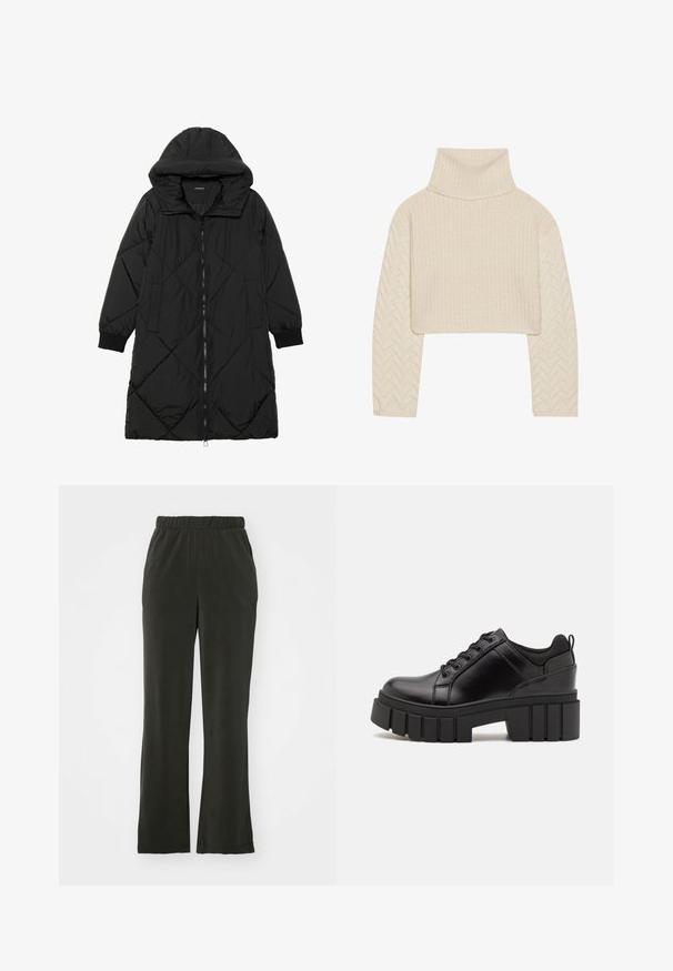 Fekete steppelt pufi kabát kapucnival, cipzáras záródással, oldalsó zsebekkel és elasztikus mandzsettákkal. Simább, vízlepergető anyag.; Tejkrémszínű, rövid fazonú pulóver magas nyakkivágással, struktúrált kötött testtel és halszálka mintázatú ujjal. Puha fonalból készült.; Fekete, puha anyagú nadrág, elasztikus derékkal, laza szabással és egyenes szárakkal. Nincsenek látható minták vagy kiegészítők.; Fekete bőr platform cipők vaskos blokk sarkakkal, kerek orral és hagyományos fűzős kialakítással. Simára csiszolt felület és minimális részletezés jellemzi.