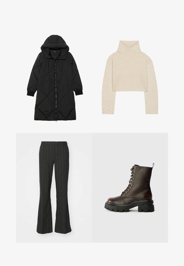 Fekete steppelt pufi kabát kapucnival, cipzáras záródással, oldalsó zsebekkel és elasztikus mandzsettákkal. Simább, vízlepergető anyag.; Tejkrémszínű, rövid fazonú pulóver magas nyakkivágással, struktúrált kötött testtel és halszálka mintázatú ujjal. Puha fonalból készült.; Fekete harangnadrág fehér függőleges csíkokkal, a derék része szabott, sima, texturált anyagból.; Sötétbarna bőrből készült fűzős katonai csizma vastag fekete talppal és sarokhurokkal, profilból látható fehér háttér előtt.