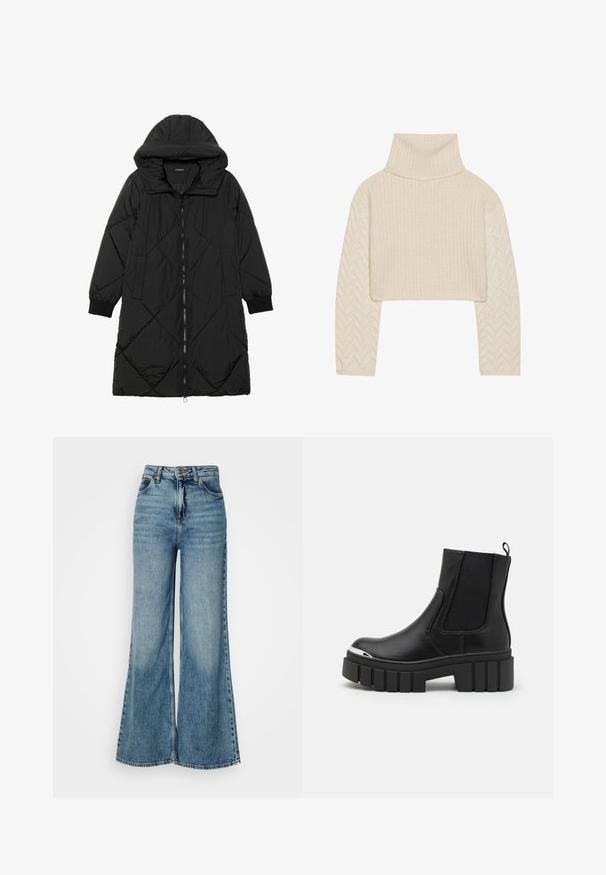 Črna prešita puffer jakna s kapuco, ki ima zadrgo, stranske žepe in elastične manšete. Gladek, vodoodporen material.; Kremno obarvan skrajšan pulover z visokim ovratnikom, teksturirano pleteno telo in rokavi z vzorcem ribje kosti. Narejen iz mehkega volnenega materiala.; Visoko pasovane, svetlo modre široke kavbojke z sprednjimi žepi in gumbom, prikazane na enobarvni beli podlagi.; Črne gležnarje iz gladkega usnja z elastičnimi vložki, debelim platformnim podplatom in kovinskim kapicom.