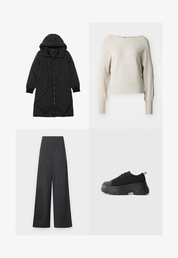 Geacă puffer neagră, matlasată, cu glugă, având închidere cu fermoar, buzunare laterale și manșete elastice. Material neted, rezistent la apă.; Pulover bej lână, cu un gât wide, mânici lungi și manșete ajustate. Textură moale cu dungi orizontale subtile. Eticheta brandului este vizibilă.; Pantaloni cu talie înaltă și croi larg, dintr-un material gri închis cu o textură netedă. Nu au buzunare vizibile sau adornamente.; Adidași negri cu talpă groasă din cauciuc, superior din material texturat, bot rotund și design cu șireturi. Include gauri întărite pentru șireturi și o buclă pe spate.