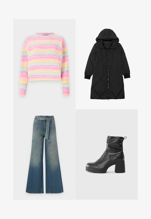 Melnas quiltētas pūkara mētelis ar kapuci, ar rāvējslēdzēja aizdari, sānu kabatām un elastīgām aprocēm. Gluda, ūdensizturīga auduma.; Multikoloru svītrainā džemperī ir rozā, zila un pasteļdzeltena krāsa, ar maigu, teksturētu apdari un apaļu kakla izgriezumu.; Platām kājām džinsu bikses ar gaismas līdz tumši zilam gradientam, augstu jostas līniju, jostas cilpām un atbilstošu auduma jostu. Tekstūrēts džinsas apdare.; Melni potītes zābaki, kas izgatavoti no gludas ādas, ar sānu rāvējslēdzēju, masīvu strukturētu papēdi un noapaļotu purngalu.