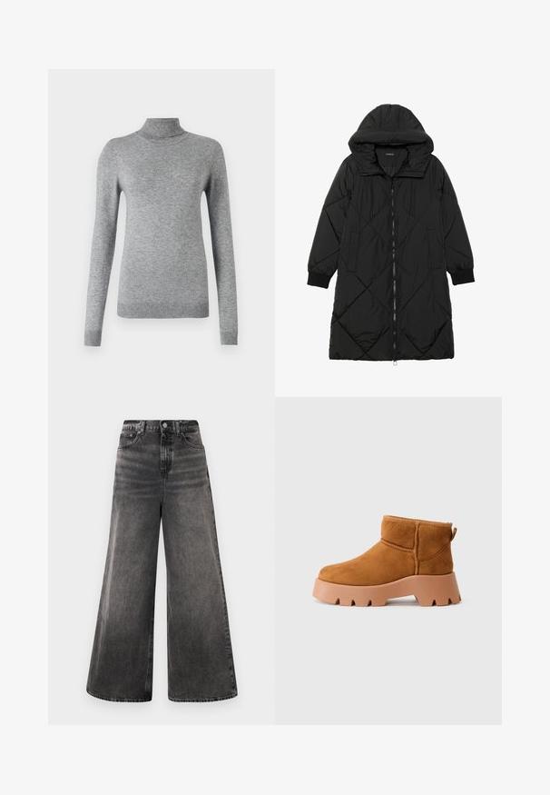Black quilted puffer coat with a hood, featuring a zip closure, side pockets, and elastic cuffs. Smooth, water-resistant fabric.; Gray turtleneck sweater made of soft material, featuring long sleeves, ribbed cuffs, and a fitted design with a smooth texture.; Wide-leg black denim jeans with a faded wash, five-pocket design, and a button closure at the waistband, featuring stitched accents.; Tan suede ankle boots with a rounded toe, a textured brown sole, and a pull tab. Features a stitched seam and chunky platform design.
