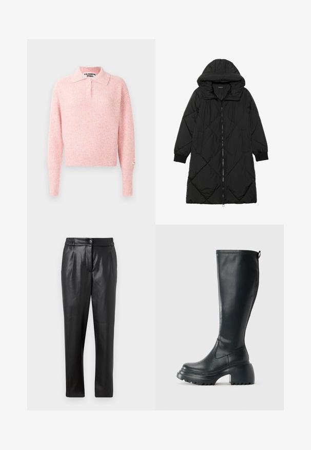Czarna pikowana kurtka puchowa z kapturem, z zapięciem na zamek, bocznymi kieszeniami i elastycznymi mankietami. Gładki, wodoodporny materiał.; Różowy, prążkowany sweter z kołnierzykiem i zapięciem na trzy guziki. Długie rękawy i krótki fason. Metka wyszyta na rękawie.; Czarne skórzane spodnie o gładkiej fakturze, prostym kroju, elastycznym pasie i zapięciu na guzik z przodu; z plisowanymi detalami i zwężanymi nogawkami.; Wysokie czarne skórzane botki z masywną platformą i słupkowym obcasem, z uchwytem i teksturowanym bieżnikiem na podeszwie.