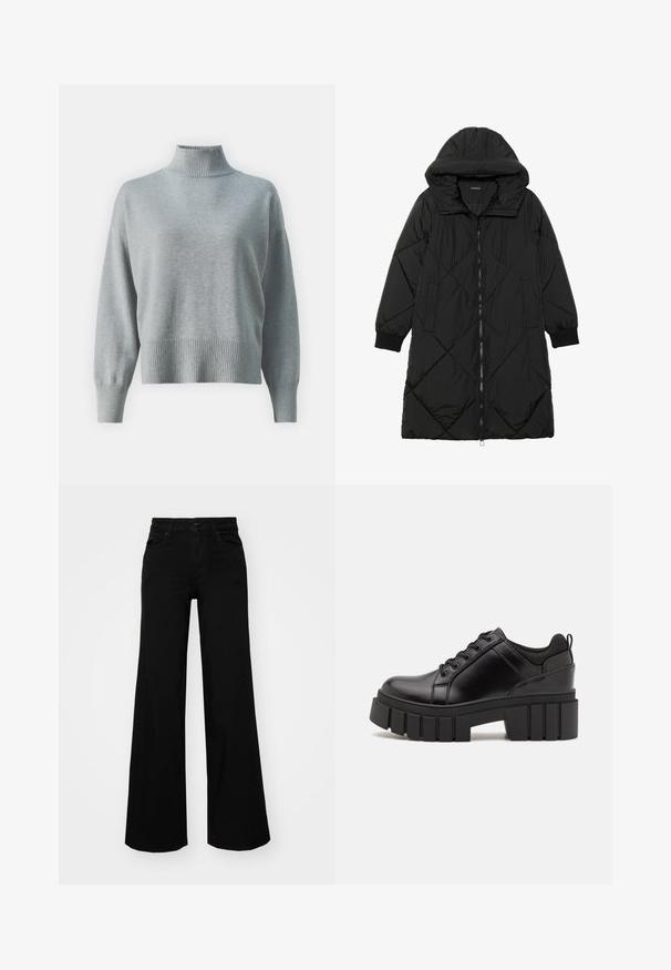 Sort quiltet pufferjakke med hætte, med lynlåslukning, sidelommer og elastiske manchetter. Glat, vandafvisende stof.; Lys grå striktrøje med høj ribbet krave, afslappet pasform, forlængede ærmer og ribbet kant. Blød tekstur og minimalistisk design.; Sorte bukser med bred benvidde lavet af denim, med en struktureret talje, bæltesløjfer og forlommer. Glat tekstur med et klassisk design.; Sorte læder platform sko med en klodset blokhæl, rund tå og traditionelt snøredesign. Har en glat tekstur og minimal detaljering.