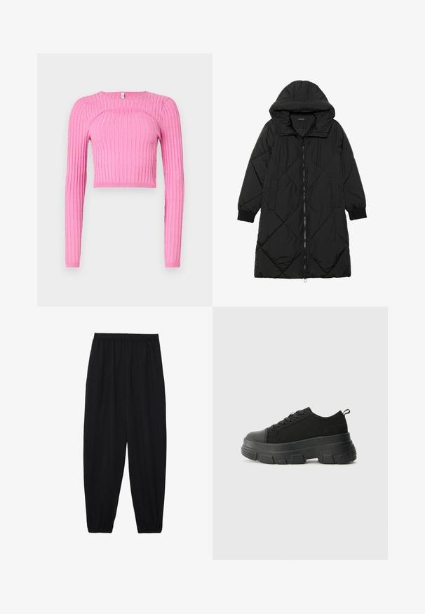 Čierna prešívaná páperová bunda s kapucňou, so zipsom, bočnými vreckami a elastickými manžetami. Hladká, vodeodolná tkanina.; Ružová rebrovaná dlhá rukávová cropped blúzka s okrúhlym výstrihom a textúrovaným vzorom. Tkanina sa zdá byť pletená s elastickými manžetami.; Čierne, ľahké nohavice s elastickým pásom a zúženými nohavicami. Tkanina je hladká a má voľný, zúžený strih.; Čierne tenisky s masívnou gumovou podrážkou, textúrovaným textilným zvrškom, okrúhlou špičkou a šnurovaním. Obsahujú spevnené očká a zadný úchop.