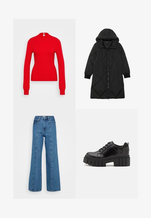 Crna tkanina sa štepom puffer kaput s kapuljačom, sa zatvaračem na zip, bočnim džepovima i elastičnim manžetama. Glatka, vodootporna tkanina.; Crvena rebrasta džemper s visokim ovratnikom, dugim rukavima i prilagođenim oblikom. Na leđima se nalaze tri bijela gumba kao ukras na vratu.; Svijetloplave hlače visokog struka imaju široki kroj, izrađene su od denima s teksturiranom površinom i detaljima na prednjem šavu.; Crne kožne platforme s debelim blok-peta, okruglim prstima i klasičnim dizajnom vezanja. Imaju gladak tekstur i minimalne detalje.