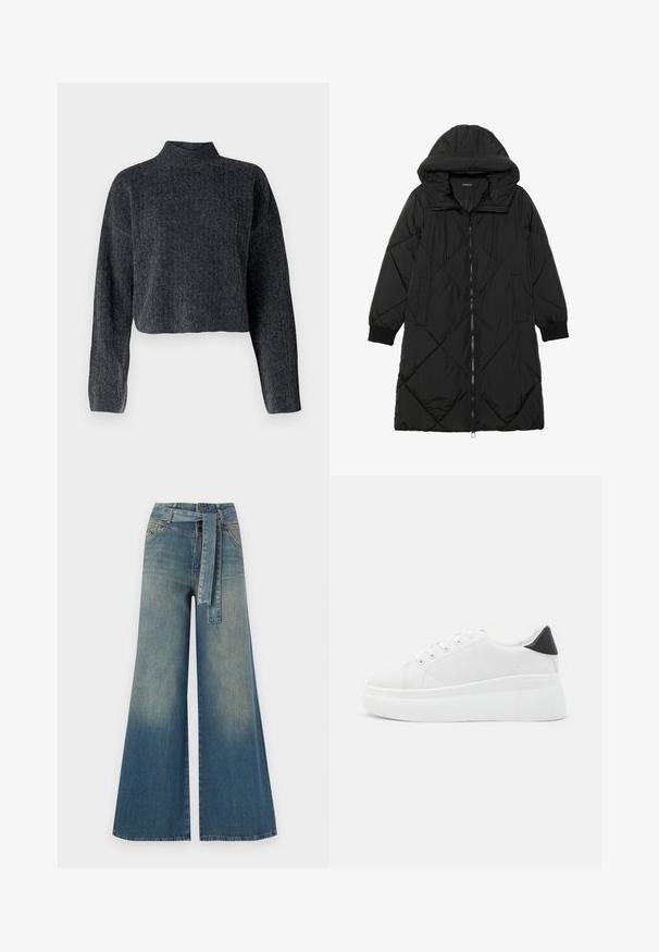 Geacă puffer neagră, matlasată, cu glugă, având închidere cu fermoar, buzunare laterale și manșete elastice. Material neted, rezistent la apă.; Pulover scurt, de culoare gri închis, cu guler înalt și mâneci lungi. Fabricat dintr-un material tricotat texturat cu un model subtil pe întreaga suprafață.; Pantaloni din denim largi, cu un gradient de la albastru deschis la albastru închis, talie înaltă, bucle pentru curea și o curea din același material. Finisaj texturat din denim.; Adidași albi cu platformă, fabricați din material sintetic neted, cu vârf rotund, design cu șireturi și talpă din cauciuc texturat. Accente negre la călcâi.