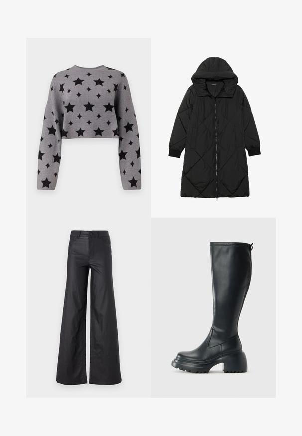 Black quilted puffer coat with a hood, featuring a zip closure, side pockets, and elastic cuffs. Smooth, water-resistant fabric.; Gray cropped sweater featuring a pattern of black stars, long sleeves, and a round neckline, made from a soft knitted fabric.; Black, wide-leg pants in a faux leather material. Features a high waist, belt loops, two front pockets, and stitched detailing.; Tall black leather boot with chunky platform sole and block heel, featuring pull tab and textured tread on outsole.