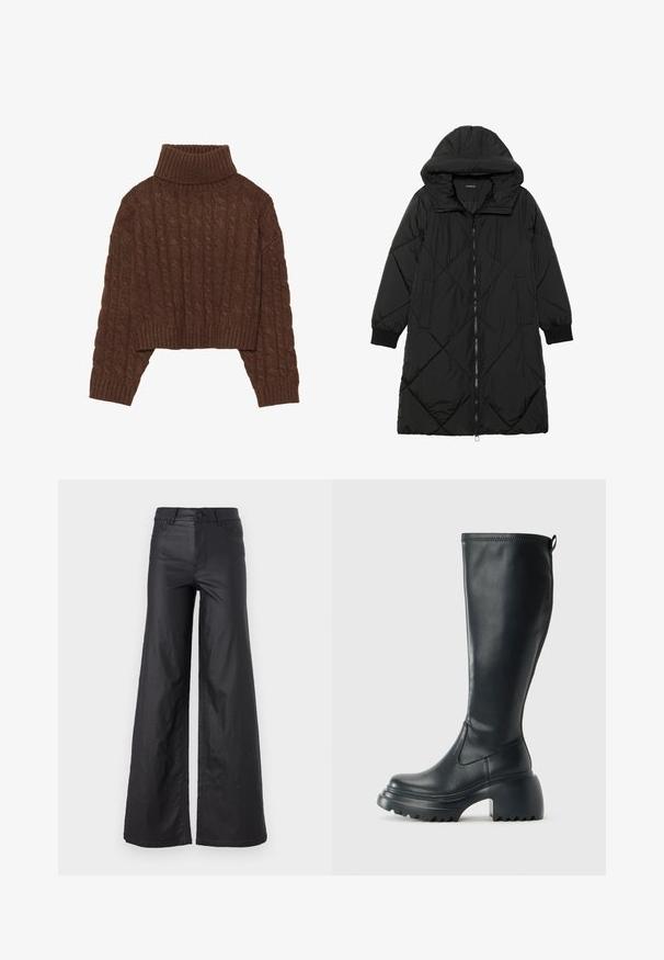Geacă puffer neagră, matlasată, cu glugă, având închidere cu fermoar, buzunare laterale și manșete elastice. Material neted, rezistent la apă.; Pulover scurt din lână tricotat maro, cu guler înalt și mâneci lungi, având o margine striată și un model texturat pe întreaga suprafață.; Pantaloni negri, cu picioare largi, dintr-un material de piele ecologică. Prezentază talie înaltă, bucle pentru curea, două buzunare frontale și detalii cusute.; Cizme lungi din piele neagră cu talpă platformă masivă și tocul pătrat, având un tab de tragere și un model texturat pe talpa exterioară.