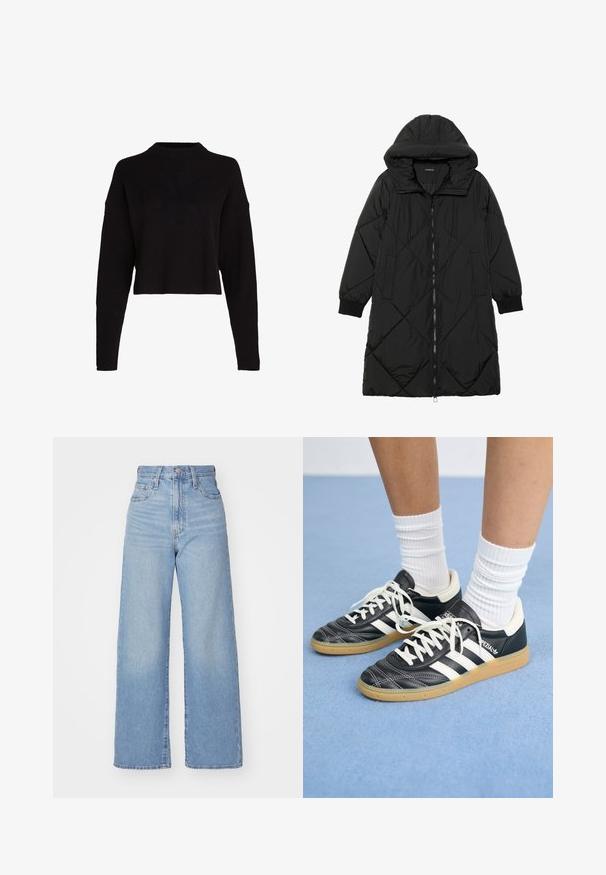 Schwarze, gesteppten Puffermantel mit Kapuze, ausgestattet mit einem Reißverschluss, seitlichen Taschen und elastischen Bündchen. Glattes, wasserabweisendes Material.; Schwarzer, kurz geschnittener Pullover mit strukturiertem Rippenmuster, weiten Ärmeln und einem dezenten "CK"-Logo auf der Vorderseite. Hat einen hohen, runden Halsausschnitt.; Hellblaue High-Waist-Weite-Leg-Jeans mit Knopf- und Reißverschluss vorne, Vorder- und Rückentaschen, auf weißem Hintergrund.; Schwarze Ledersneaker mit weißen Streifen, runder Zehenpartie, weißen Schnürsenkeln und Gummisohle. Abgerundet durch gepolsterten Kragen und Branding-Details.