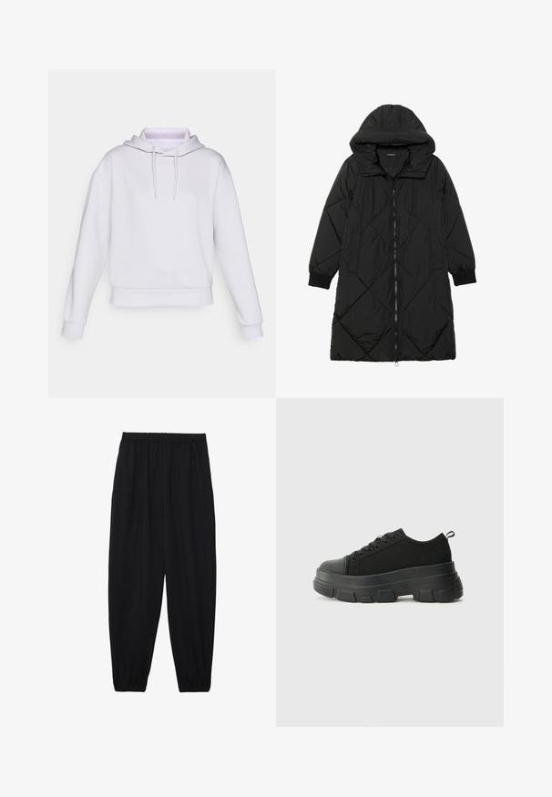Black quilted puffer coat with a hood, featuring a zip closure, side pockets, and elastic cuffs. Smooth, water-resistant fabric.; White oversized hoodie with long sleeves, drawstring hood, and a ribbed waistband. Made of soft, smooth fabric without patterns or accents.; Black, lightweight pants with an elastic waistband and gathered ankles. The fabric is smooth and features a relaxed, tapered design.; Black sneakers with a chunky rubber sole, textured fabric upper, round toe, and lace-up design. Features reinforced eyelets and back pull tab.