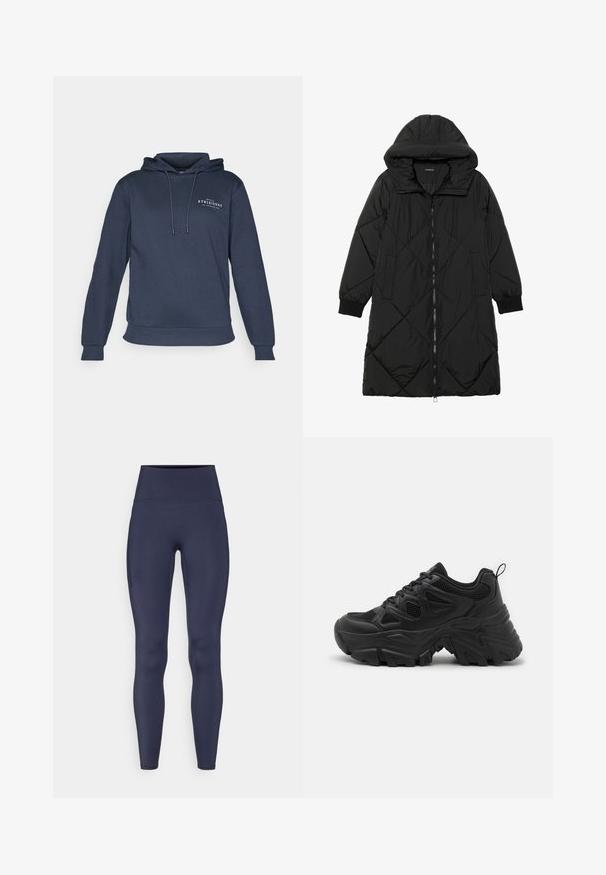 Μαύρο πλεκτό μπουφάν με κουκούλα, που διαθέτει κλείσιμο με φερμουάρ, πλαϊνές τσέπες και ελαστικούς καρπούς. Λείο, αδιάβροχο ύφασμα.; Ναυτικά μπλε φούτερ από μαλακό ύφασμα, με μπροστινή τσέπη καγκουρό, ρυθμιζόμενο καπό με κορδόνι και διακριτικό λευκό λογότυπο στο στήθος.; Ναυτικό μπλε κολάν φτιαγμένο από ελαστικό ύφασμα, με ψηλό μέση και πλαϊνή τσέπη. Λείος στιλβωμένος υφή με εφαρμοστό σχέδιο.; Μαύρα αθλητικά παπούτσια με διαμορφωμένο πλέγμα πάνω, καμπυλωτή ελαστική σόλα και έντονο μοτίβο πέλματος. Διαθέτουν ενσωματωμένο κορδόνι και λαβή.