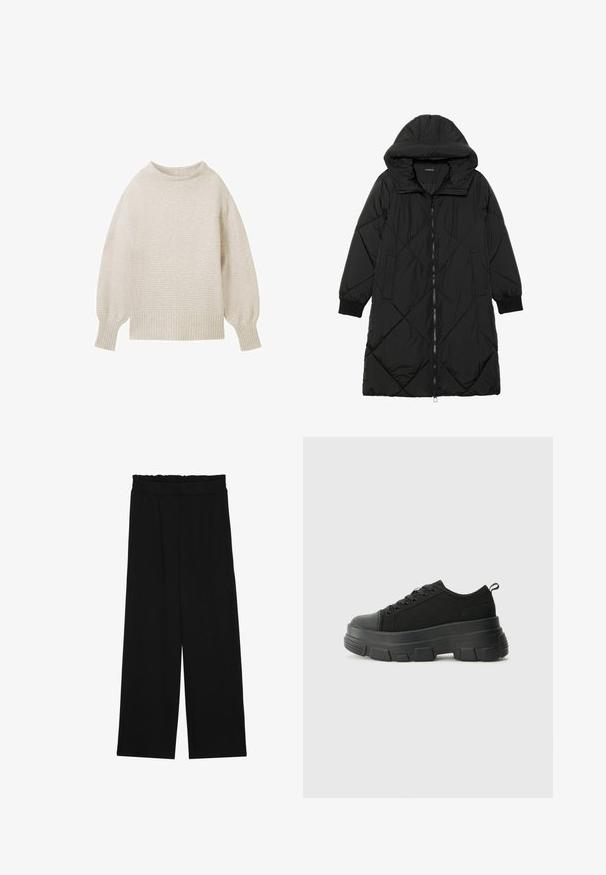 Schwarze, gesteppten Puffermantel mit Kapuze, ausgestattet mit einem Reißverschluss, seitlichen Taschen und elastischen Bündchen. Glattes, wasserabweisendes Material.; Hellbeige, ribbelig gestrickter Pullover mit hohem Kragen, weiten Ärmeln und lockerer Passform. Verfügt über vertikale und horizontale Texturmuster.; Schwarze weit geschnittene Hose mit einem gerüschten Bund, ausgestattet mit zwei Seitentaschen und einem glatten, leichten Stoff. Keine sichtbaren Muster oder Beschläge.; Schwarze Sneakers mit einer dicken Gummisohle, strukturiertem Obermaterial, runder Zehenpartie und Schnürdesign. Verfügt über verstärkte Ösen und eine Schlaufe an der Rückseite.