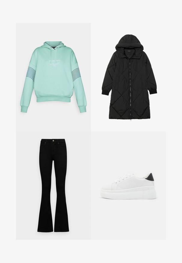 Sort quiltet pufferjakke med hætte, med lynlåslukning, sidelommer og elastiske manchetter. Glat, vandafvisende stof.; Mintgrøn hætte Sweatshirt med snoretræk i hætten, ribbede manchetter og et logo på fronten. Har marineblå vandrette striber på ærmerne.; Sorte højtaljede jeans med knap- og lynlåslukning, forlommer og flagrende ben, lagt fladt på en hvid baggrund.; Hvide platform sneakers lavet af glat syntetisk materiale, med en afrundet tå, snørebåndsdesign og en struktureret gummisål. Sorte hæl akcent.