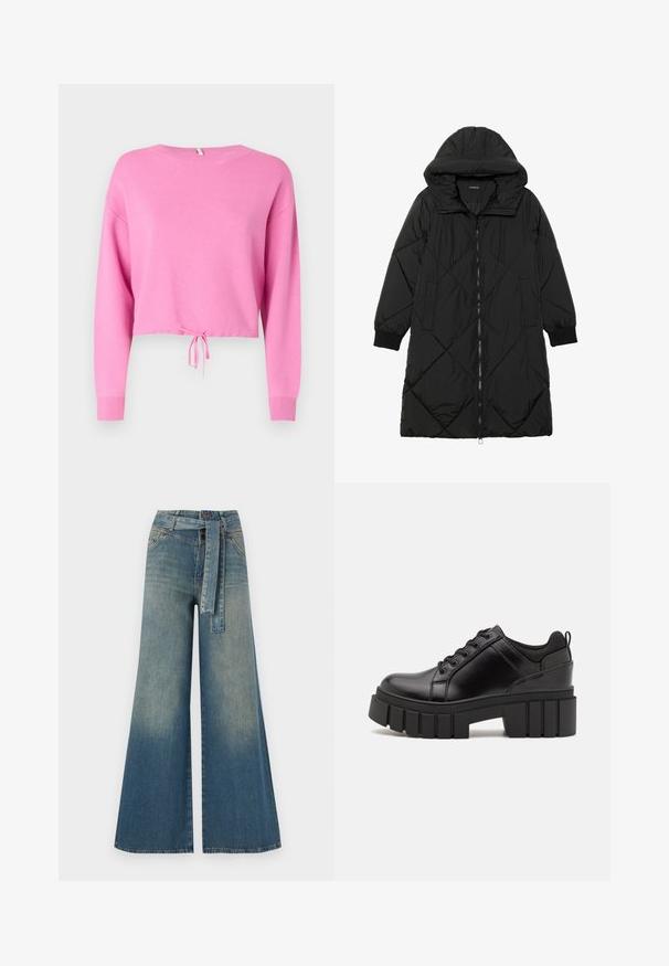 Black quilted puffer coat with a hood, featuring a zip closure, side pockets, and elastic cuffs. Smooth, water-resistant fabric.; Pink cropped sweater with long sleeves, made of textured knit material, featuring a drawstring tie at the hem and a wide neckline.; Wide-leg denim trousers featuring a light to dark blue gradient, high waist, belt loops, and a matching fabric belt. Textured denim finish.; Black leather platform shoes with a chunky block heel, round toe, and traditional lace-up design. Features smooth texture and minimal detailing.