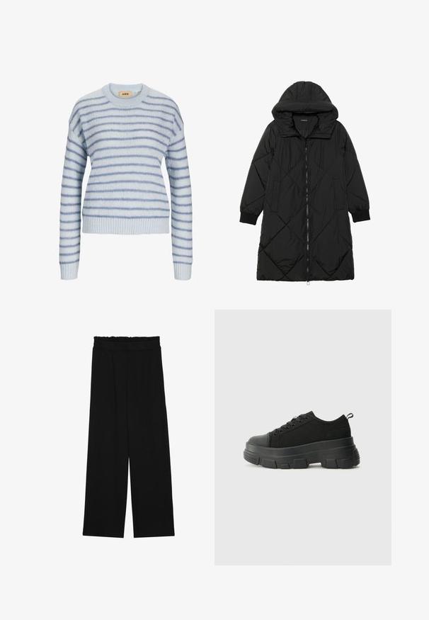 Melnas quiltētas pūkara mētelis ar kapuci, ar rāvējslēdzēja aizdari, sānu kabatām un elastīgām aprocēm. Gluda, ūdensizturīga auduma.; Gaiši zils adīts džemperis ar horizontālām svītrām tumšākā zilā krāsā. Tam ir apaļa kakla izgriezums un ribotie piekļaujošie piedurkņu gali un apakšdaļa. Mīksta tekstūra.; Melnas platās bikses ar volangām jostasvietā, ar divām sānu kabatām un gludu, vieglu audumu. Nav redzamu rakstu vai aksesuāru.; Melnas kedas ar masīvu gumijas zoli, teksturētu auduma augšdaļu, apaļu purngalu un saistīšanas dizainu. Iekļautas pastiprinātas acs atveres un aizmugurējais cilpiņas siksniņa.