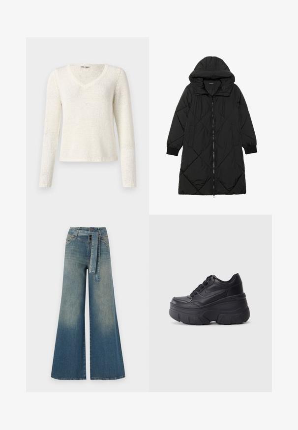 Črna prešita puffer jakna s kapuco, ki ima zadrgo, stranske žepe in elastične manšete. Gladek, vodoodporen material.; Pulover z dolgimi rokavi v obliku črke V v off-white pletenini. Ponuja sproščen kroj, teksturiran vzorec in preprost rob. Lahkoten material.; Široke jeans hlače z gradientom od svetlo do temno modre, visokim pasom, zankami za pas in pasom iz istega materiala. Tekstura denim končnica.; Črne vezalke čevlji s debelim podplatom, z gladkim usnjem na vrhu, okroglo konico in izrazitim plastastim oblikovanjem podplata.