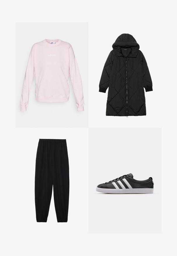 Casaco puffer acolchoado preto com capuz, apresentando um fecho de correr, bolsos laterais e punhos elásticos. Tecido suave e à prova d'água.; Sweatshirt rosa claro feito de tecido macio, com um decote redondo, mangas longas e um logotipo branco da Adidas na frente.; Calças pretas, leves, com um cinto elástico e punhos franzidos. O tecido é suave e apresenta um design relaxado e afunilado.; Sapatilha de couro preta com um design de três riscas brancas, bico arredondado, sola plana de borracha branca e detalhe da marca na lateral.