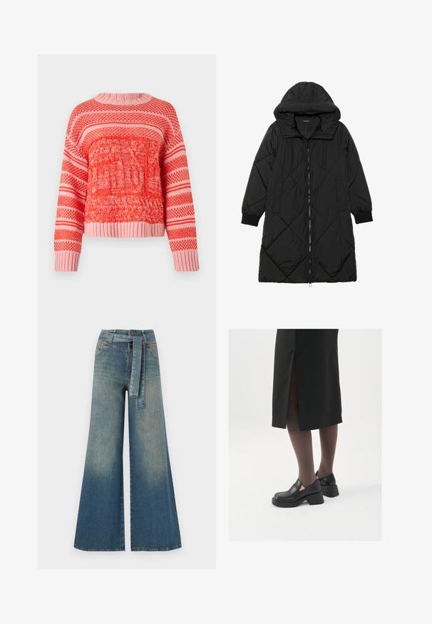 Must-havesinise mustris quiltitudis puffer jakk, millel on kapuuts, tõmblukk, küljetaskud ja elastsed varrukad. Sile, veekindel kangas.; Punane ja roosa soonikkooken kootud kampsun, millel on tekstureeritud mustrid, horisontaalsed triibud, ümmargune kaelus ning soonikrandid ja -äär.; Laiad denimpüksid, millel on hele tume sinine gradiendiefekt, kõrge vöökoht, vöökumlid ja sobivast kangast vöö. Struktureeritud denimi viimistlus.; Mustad mustad jalatsid ümmarguse varbaga, paksu plokkniidi ja elastsete külgdetailidega, kombineeritud tumedate sukkade ja musta lõhikuga seelikuga.