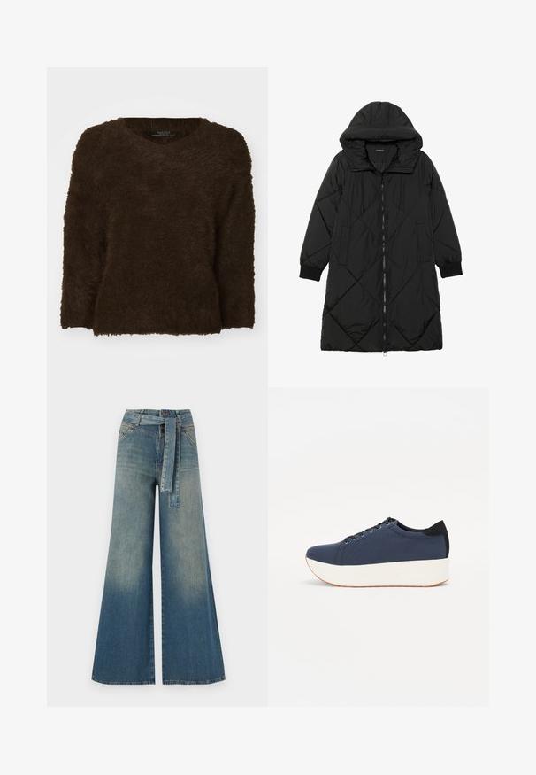 Cappotto imbottito nero trapuntato con cappuccio, caratterizzato da chiusura con zip, tasche laterali e polsini elastici. Tessuto liscio e resistente all'acqua.; Maglione marrone, morbido e fluffy, con scollo a V, maniche lunghe e superficie strutturata. L'orlo è dritto e leggermente oversized. Nessun hardware visibile.; Pantaloni in denim a gamba larga con una sfumatura che va dal blu chiaro al blu scuro, vita alta, passanti per cintura e una cintura in tessuto coordinato. Finitura in denim strutturato.; Sneaker blu navy con tomaia in tessuto texturizzato, suola piatta bianca, punta arrotondata e accentuazione nera sul tallone. Presenta sei fori per i lacci.