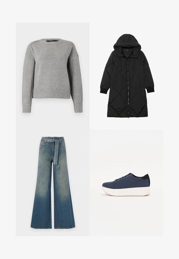 Melnas quiltētas pūkara mētelis ar kapuci, ar rāvējslēdzēja aizdari, sānu kabatām un elastīgām aprocēm. Gluda, ūdensizturīga auduma.; Gai pelēks džemperis ar apaļu kakla izgriezumu, ribinātām piedurknēm un apakšmalu, kā arī mīkstu tekstūru. Iekļauj nolaižas plecus, kas nodrošina brīvu piegriezumu.; Platām kājām džinsu bikses ar gaismas līdz tumši zilam gradientam, augstu jostas līniju, jostas cilpām un atbilstošu auduma jostu. Tekstūrēts džinsas apdare.; Navy zilo apavi ar strukturētu auduma augšdaļu, baltu platformas zoli, noapaļotu pirkstu daļu un melnu papēža akcentu. Iekļautas sešas acs caurumi šnuķēšanai.