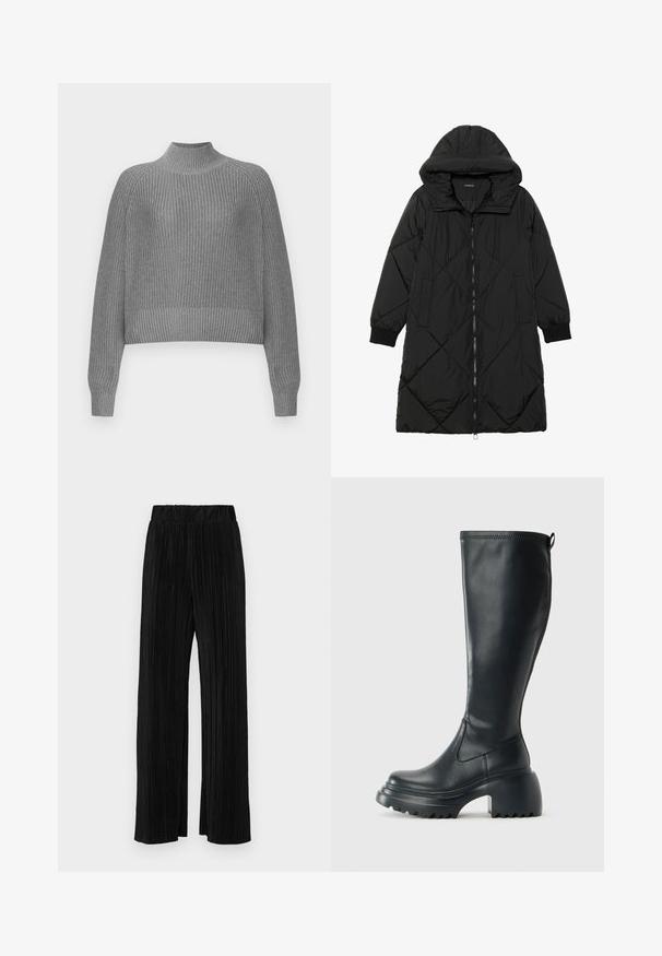 Black quilted puffer coat with a hood, featuring a zip closure, side pockets, and elastic cuffs. Smooth, water-resistant fabric.; Gray ribbed sweater with a high neckline, dropped shoulders, and long sleeves. Features a textured knit and a cropped hem.; Black pleated trousers with an elastic waistband. Features wide legs and a smooth, textured fabric with vertical stripes.; Tall black leather boot with chunky platform sole and block heel, featuring pull tab and textured tread on outsole.