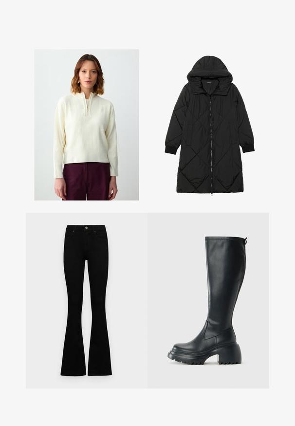 Manteau matelassé noir avec capuche, doté d'une fermeture éclair, de poches latérales et de poignets élastiques. Tissu lisse et résistant à l'eau.; Pull en maille côtelée couleur crème avec un zip quart à l'avant, des manches longues et une coupe décontractée. Stylé avec un pantalon bordeaux profond.; Jean noir taille haute avec fermeture à bouton et à zip, poches avant et jambes évasées, posés à plat sur un fond blanc.; Botte en cuir noir haute avec semelle plateforme épaisse et talon carré, dotée d'une languette et d'un motif texturé sur la semelle extérieure.