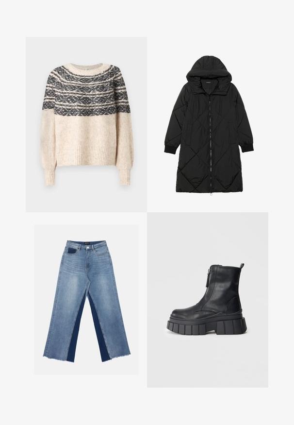 Czarna pikowana kurtka puchowa z kapturem, z zapięciem na zamek, bocznymi kieszeniami i elastycznymi mankietami. Gładki, wodoodporny materiał.; Kremowy i czarny sweter dzianinowy z wzorzystym karczkiem, ściągaczami przy mankietach i dolnym brzegu, wyeksponowany na jednolitym tle.; Jasnoniebieskie spodnie z szerokimi nogawkami z kontrastującymi ciemnoniebieskimi panelami, postrzępionymi końcówkami i standardowym stanem z metalowym zapięciem.; Czarny skórzany botek za kostkę z grubą, żłobioną podeszwą i bocznym zamkiem, zaprezentowany na neutralnym szarym tle.