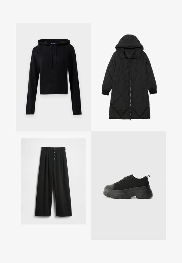 Schwarze, gesteppten Puffermantel mit Kapuze, ausgestattet mit einem Reißverschluss, seitlichen Taschen und elastischen Bündchen. Glattes, wasserabweisendes Material.; Schwarze langärmelige Strickkapuzenjacke mit Kordelzügen, gerippten Bündchen und Saum, cropped Fit, auf einem weißen Hintergrund präsentiert.; Schwarze weit geschnittene Hosen aus einem strukturierten Stoff. Sie verfügen über eine hohe Taille, einen fünfknöpfigen Frontverschluss und gepresste Falten für zusätzliche Details.; Schwarze Sneakers mit einer dicken Gummisohle, strukturiertem Obermaterial, runder Zehenpartie und Schnürdesign. Verfügt über verstärkte Ösen und eine Schlaufe an der Rückseite.