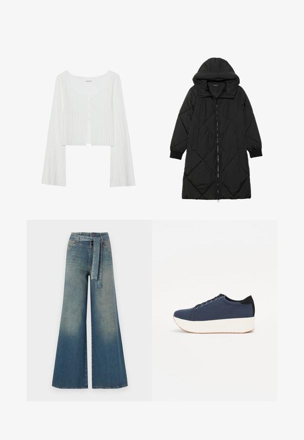Black quilted puffer coat with a hood, featuring a zip closure, side pockets, and elastic cuffs. Smooth, water-resistant fabric.; White, ribbed, cropped top with a round neckline, long sleeves, and button placket. Features a slight texture and front slit detail.; Wide-leg denim trousers featuring a light to dark blue gradient, high waist, belt loops, and a matching fabric belt. Textured denim finish.; Navy blue sneaker with a textured fabric upper, white platform sole, rounded toe, and black heel accent. Features six eyelets for laces.