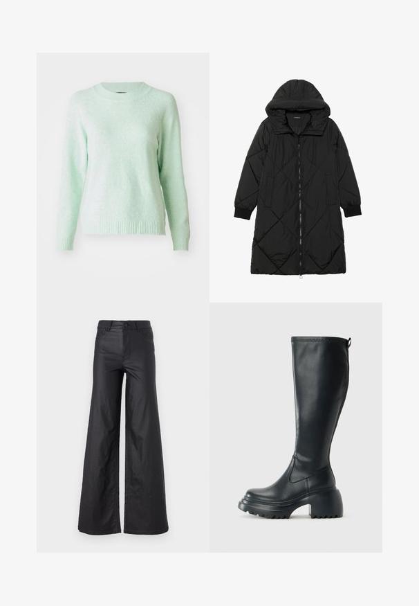 Zwarte gewatteerde pufferjas met een capuchon, voorzien van een ritssluiting, zijzakken en elastische manchetten. Glad, waterafstotend materiaal.; Lichtgroene, lange mouwen trui met een ronde hals. Zachte textuur met geribbelde manchetten en zoom. Eenvoudig ontwerp, zonder patronen of versieringen.; Zwarte, wijde broek van faux leer. Kenmerken zijn een hoge taille, riemlussen, twee voorkzakken en gestikte details.; Hoge zwarte leren laars met een chunky plateauzool en blokhak, voorzien van een trekband en een gestructureerd profiel op de buitenzool.