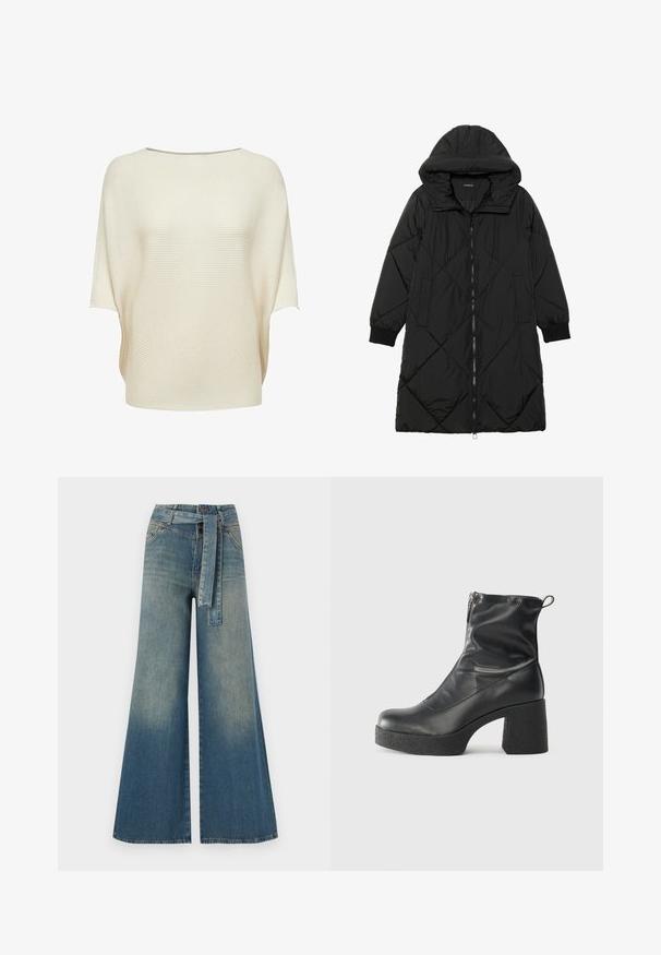 Schwarze, gesteppten Puffermantel mit Kapuze, ausgestattet mit einem Reißverschluss, seitlichen Taschen und elastischen Bündchen. Glattes, wasserabweisendes Material.; Cremefarbenes Strickoberteil mit weitem Boot-Ausschnitt, kurzen Ärmeln und gerippter Struktur. Lockere Passform mit einem abgerundeten Saum.; Weit geschnittene Denim-Hosen mit einem Farbverlauf von hellblau zu dunkelblau, hoher Taille, Gürtelschlaufen und einem passenden Stoffgürtel. Strukturierte Denim-Oberfläche.; Schwarze Stiefeletten aus glattem Leder mit seitlichem Reißverschluss, klobigem strukturiertem Absatz und runder Zehenform.