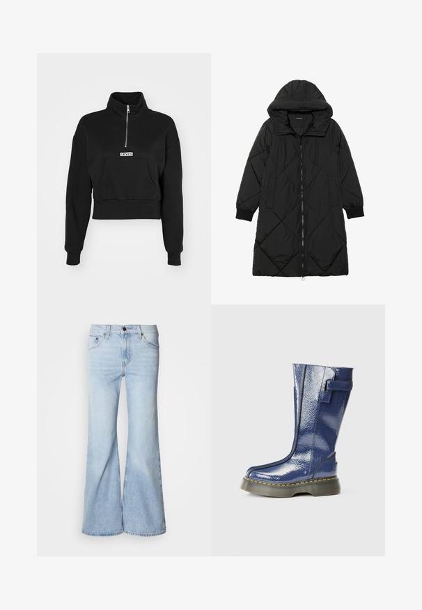 Musta tikattu puhvittakki hupulla, jossa on vetoketjukiinnitys, sivutaskut ja elastiset hihansuut. Sujuva, vettä hylkivä kangas.; Levi's® LSEGRAPHIC SARA 1/4 ZIP - Collegepaita - black; Vaalean siniset levenevät farkut, joissa on korkea vyötärö, farkkukangas, viisi taskua ja napitus. Lahkeet ovat leveät ja niissä on hieman haalistunut viimeistely.; Sininen, kiiltävä polvipitkä saapas, jossa on pyöreä varvaskärki, sivuvetoketju ja pystysaumayksityiskohdat. Varusteena paksu, musta alustapohja, jossa on keltaista ommelta.