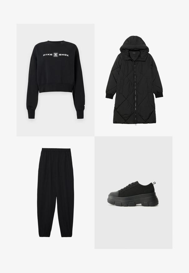 Casaco puffer acolchoado preto com capuz, apresentando um fecho de correr, bolsos laterais e punhos elásticos. Tecido suave e à prova d'água.; Sweatshirt curto preto feito de tecido suave, com mangas longas e decote redondo. Logotipo branco da Nike Shox centrado na parte da frente.; Calças pretas, leves, com um cinto elástico e punhos franzidos. O tecido é suave e apresenta um design relaxado e afunilado.; Sneakers pretos com sola de borracha robusta, parte superior de tecido texturizado, bico redondo e design de atacadores. Apresenta ilhós reforçados e uma alça na parte posterior.