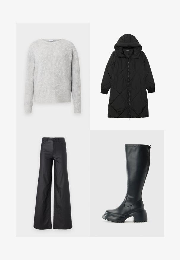 Czarna pikowana kurtka puchowa z kapturem, z zapięciem na zamek, bocznymi kieszeniami i elastycznymi mankietami. Gładki, wodoodporny materiał.; Jasnoszary sweter z wzorem w warkocz, okrągłym dekoltem i długimi rękawami. Wykonany z miękkiego, teksturowanego materiału.; Czarne, szerokie spodnie z materiału przypominającego skórę. Posiadają wysoki stan, szlufki na pasek, dwie przednie kieszenie oraz przeszycia.; Wysokie czarne skórzane botki z masywną platformą i słupkowym obcasem, z uchwytem i teksturowanym bieżnikiem na podeszwie.