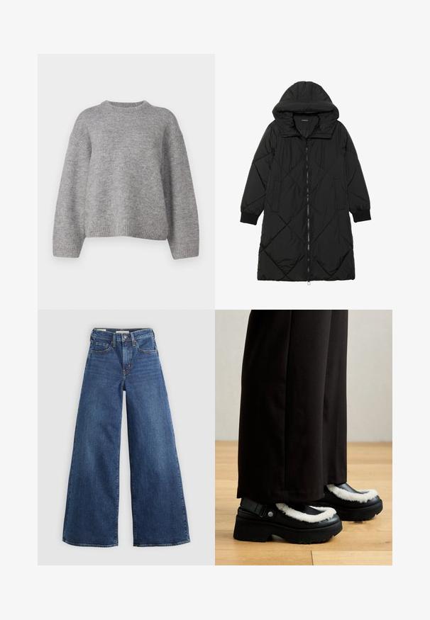 Casaco puffer acolchoado preto com capuz, apresentando um fecho de correr, bolsos laterais e punhos elásticos. Tecido suave e à prova d'água.; Gina Tricot CREW NECK - Camisola - mid grey; Jeans de ganga azul de perna larga com cinco bolsos, fecho de botão e costura em contraste, apresentando um acabamento suave e texturizado.; Sapatos de plataforma pretos com um acabamento peludo branco, ponta arredondada e tiras com um botão de metal. Usados com calças pretas em um chão de madeira.