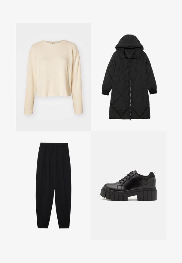 Casaco puffer acolchoado preto com capuz, apresentando um fecho de correr, bolsos laterais e punhos elásticos. Tecido suave e à prova d'água.; Sweater curto de cor creme com mangas longas, feito de tecido texturizado. Apresenta um pequeno e discreto logo no peito e um decote redondo.; Calças pretas, leves, com um cinto elástico e punhos franzidos. O tecido é suave e apresenta um design relaxado e afunilado.; Sapatos de plataforma em couro preto com um salto bloco robusto, bico redondo e design clássico de atacadores. Apresentam uma textura suave e detalhes mínimos.