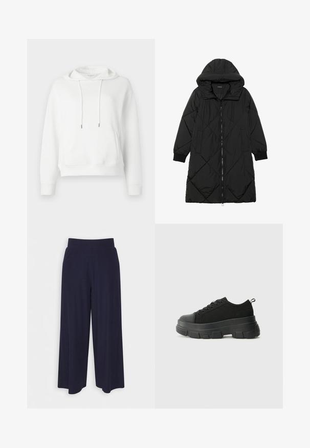 Black quilted puffer coat with a hood, featuring a zip closure, side pockets, and elastic cuffs. Smooth, water-resistant fabric.; White hooded sweatshirt made of soft fabric. Features a front pouch pocket, drawstrings with metal tips, and a subtle logo embroidery.; Wide-leg trousers in dark navy fabric with a ribbed texture. Features a smooth waistband and a flowy silhouette, reaching mid-calf length.; Black sneakers with a chunky rubber sole, textured fabric upper, round toe, and lace-up design. Features reinforced eyelets and back pull tab.