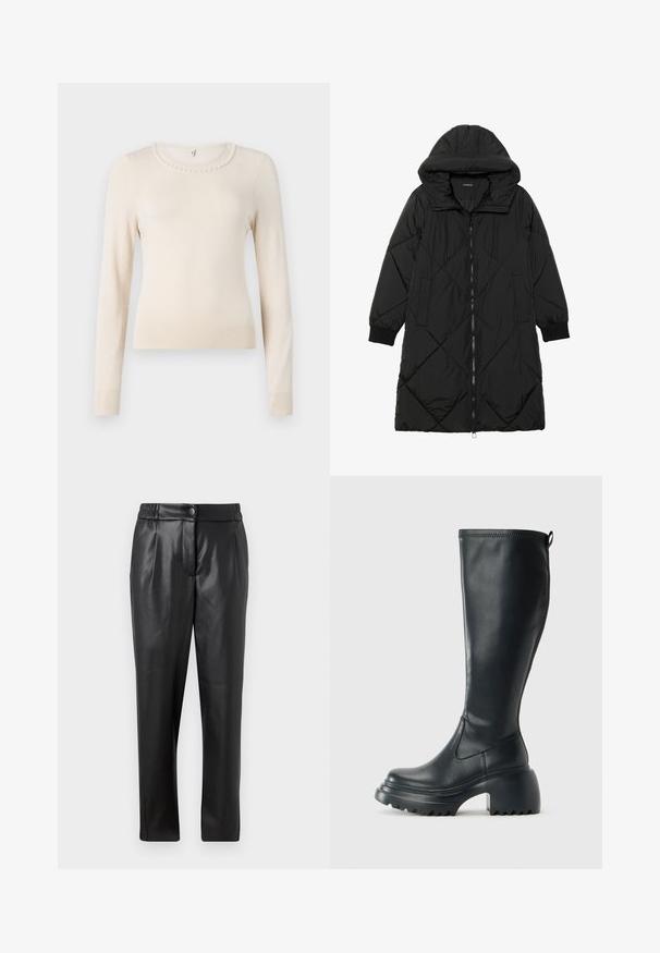 Casaco puffer acolchoado preto com capuz, apresentando um fecho de correr, bolsos laterais e punhos elásticos. Tecido suave e à prova d'água.; Pulôver creme de manga longa com gola redonda, apresentando um detalhe de pérolas ao redor da gola e punhos e bainha canelados. Textura macia.; Calças de couro pretas com uma textura suave, corte reto, cintura elástica e fecho com botão na frente; detalhe plissado e pernas afuniladas.; Bota preta de couro alta com sola de plataforma robusta e salto bloco, apresentando puxador e padrão texturizado na sola.